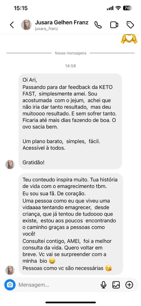 Depoimento: cliente relatou desinchamento e leveza com o protocolo Keto Fast